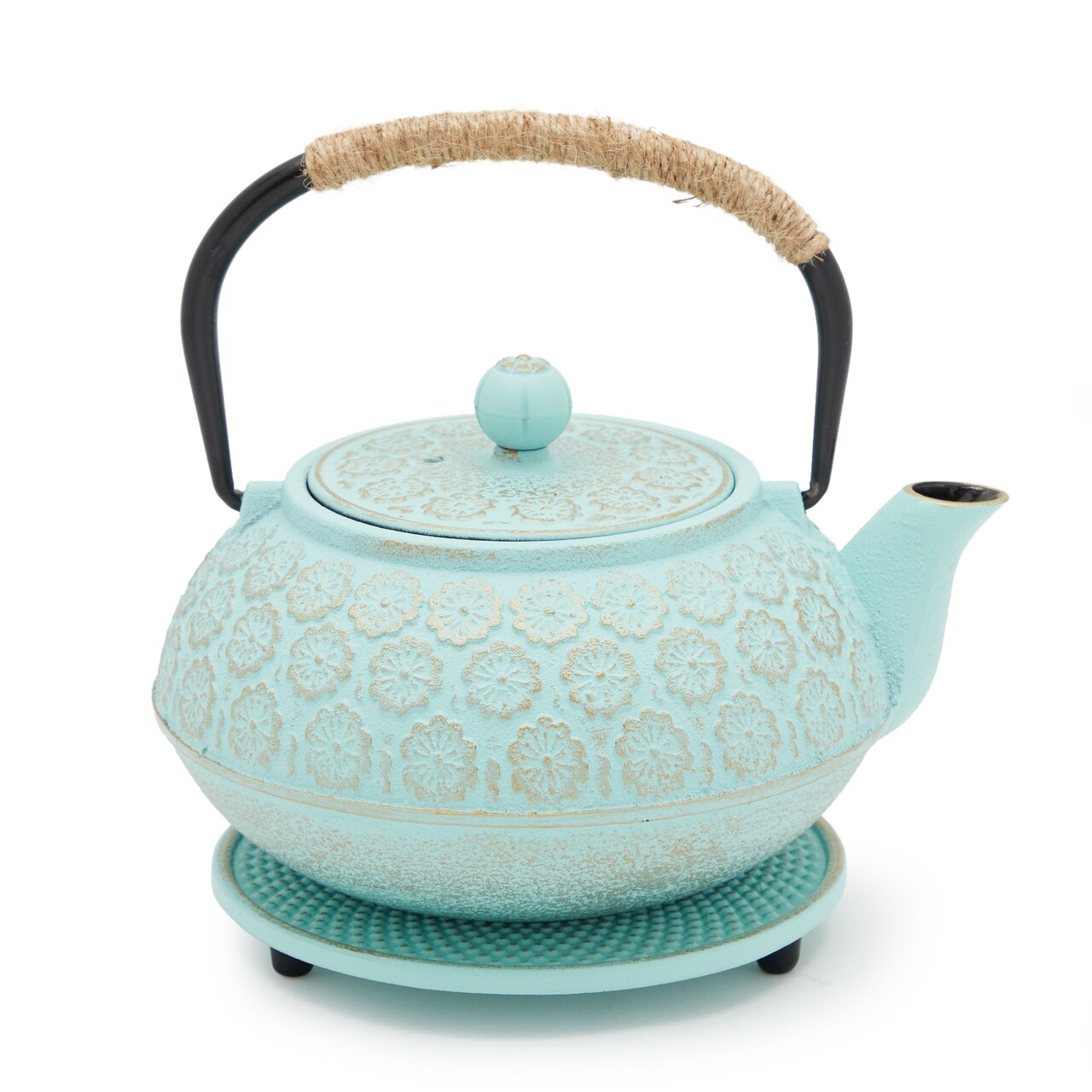 3 Piece Set Light Blue Japanese Cast Iron Teapot, Loose Leaf Tetsubin with Handle, Stainless Steel Infuser, and Trivet (27 oz, 800 ml)